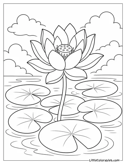 Lotus Bloom Rising Above a Cluster of Round Lily Pads Coloring Page