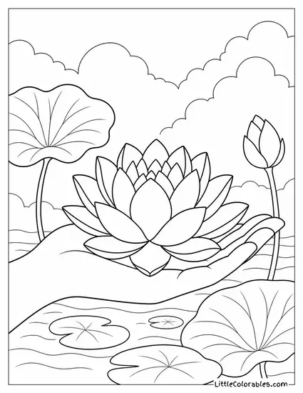 Lotus Flower Resting in the Palm of an Open Hand Coloring Page