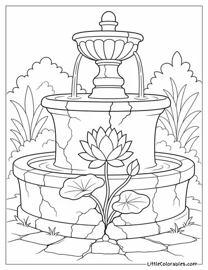 Lotus Growing Through a Crack in an Old Stone Fountain Coloring Page