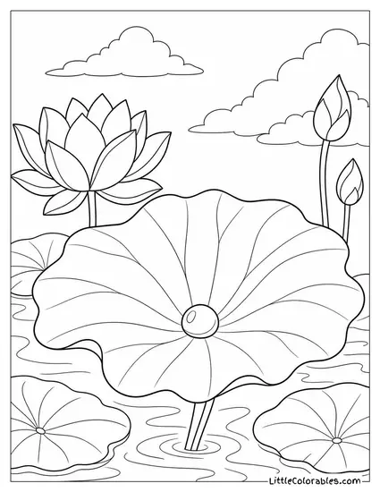 Lotus Leaf Holding a Single Drop of Water Like a Pearl Coloring Page