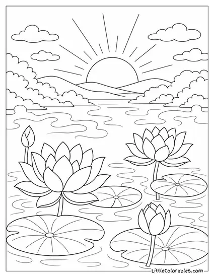 Lotus Pond at Sunrise with Mist Hovering Above the Water Coloring Page