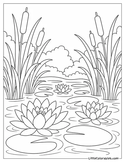 Lotus Pond Bordered by Tall Reeds and Cattails Coloring Page