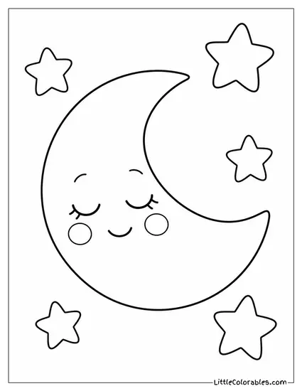 Moon With a Soft Sleepy Smile and Twinkling Stars Coloring Page