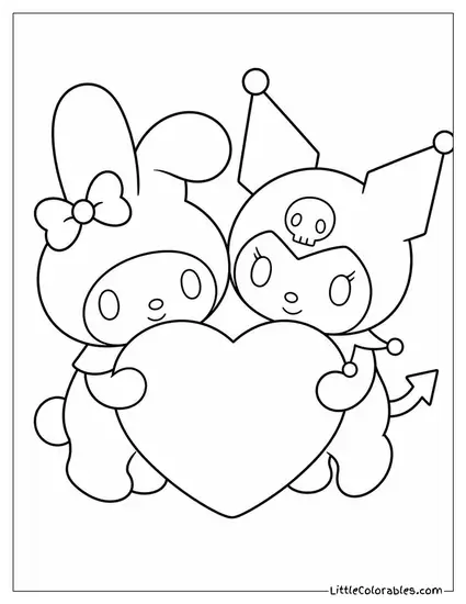 My Melody and Kuromi Sharing a Giant Heart Shaped Marshmallow Coloring Page