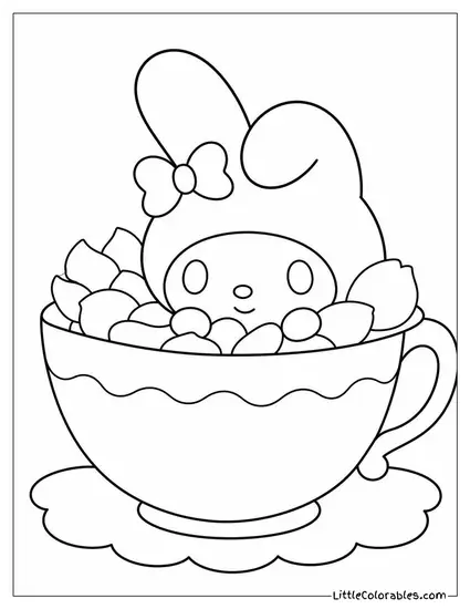 My Melody Hiding Inside a Giant Teacup Full of Petals Coloring Page