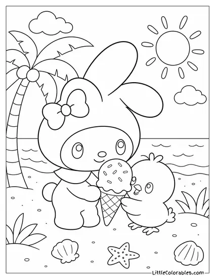 My Melody Sharing a Cone With a Small Yellow Chick Coloring Page