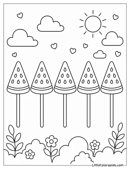 Neat Row of Five Watermelon Lollipops on Sticks Lined Up Side by Side Coloring Page