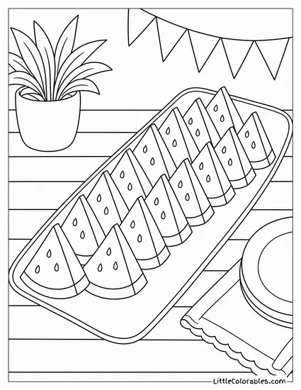 Neat Rows of Watermelon Wedges Arranged on a Long Rectangular Tray Coloring Page