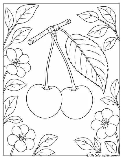 Pair of Cherries Hanging From a Single Twig Coloring Page