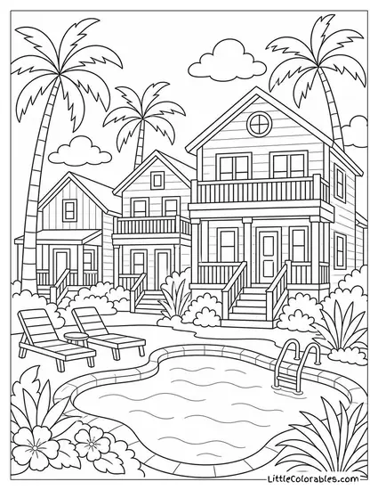 Pastel Beach Houses With Tall Palms and a Pool in Front Coloring Page
