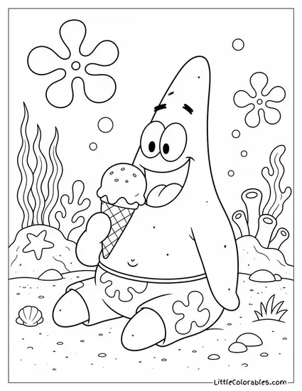 Patrick Star Sitting on the Ocean Floor Eating a Pink Ice Cream Coloring Page
