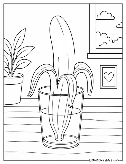 Peeled Banana Standing Upright in a Simple Glass Coloring Page