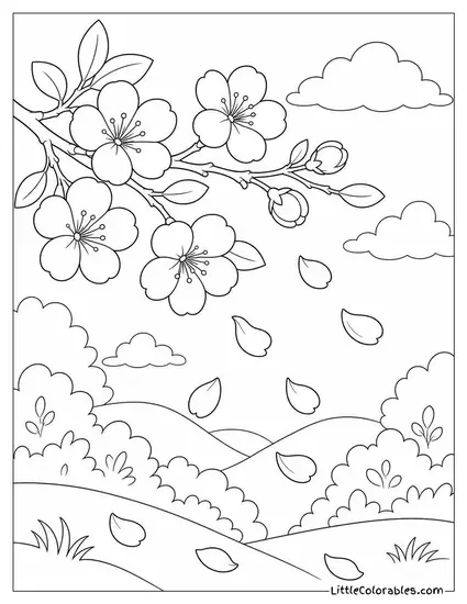 Petals Falling from a Single Branch in the Wind Coloring Page