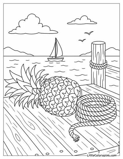 Pineapple Lying on Its Side on a Plain Wooden Dock Beside a Lake Coloring Page