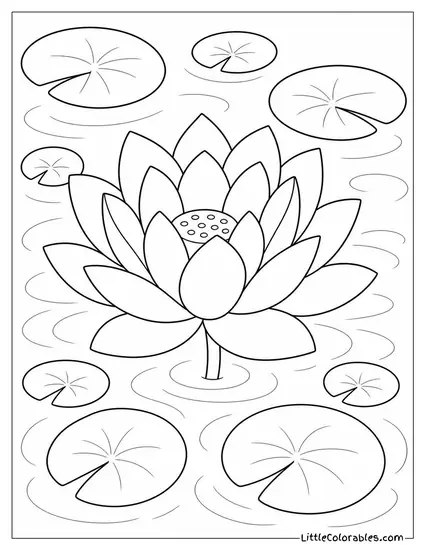 Pink Lotus Flower Surrounded by Smaller Floating Lily Pads Coloring Page