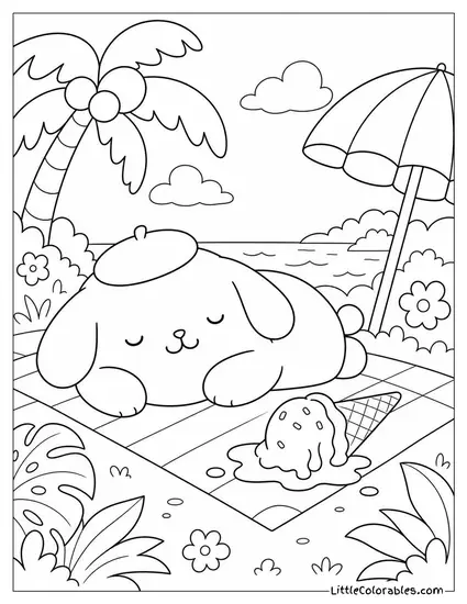 Pompompurin Napping Beside an Untouched Melting Ice Cream Coloring Page