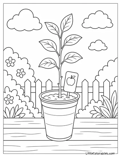 Potted Apple Sapling Growing Inside a Small Plastic Cup Coloring Page