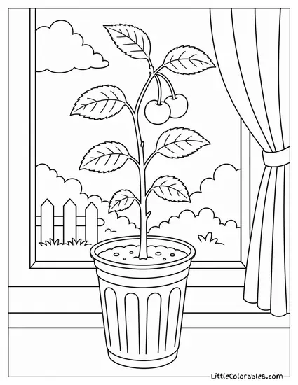 Potted Cherry Sapling Growing Inside a Small Plastic Cup Coloring Page