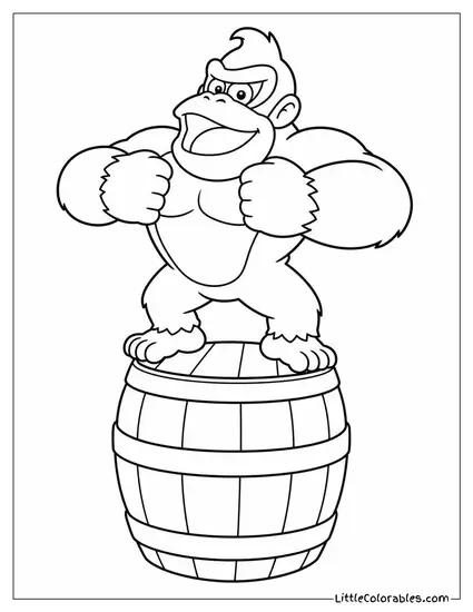 Pounding His Chest on Top of a Wooden Barrel Coloring Page