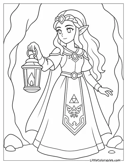 Princess Zelda Holding a Glowing Lantern in a Dark Cave Coloring Page