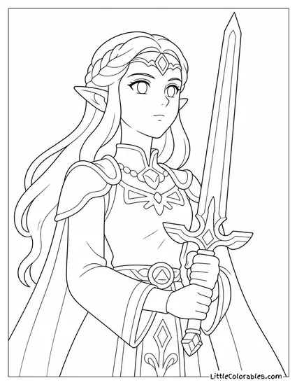 Princess Zelda Holding a Sword With Both Hands in Quiet Determination Coloring Page