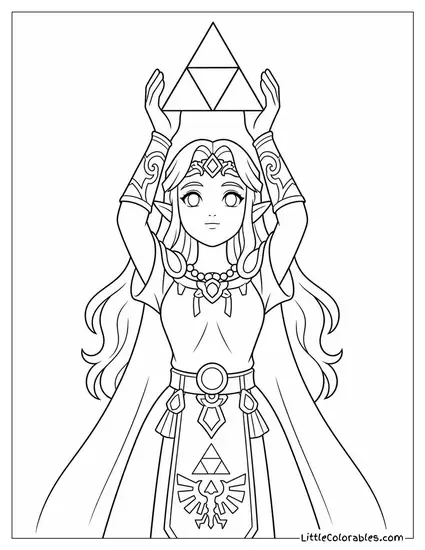 Princess Zelda Holding the Triforce With Both Hands Raised Coloring Page