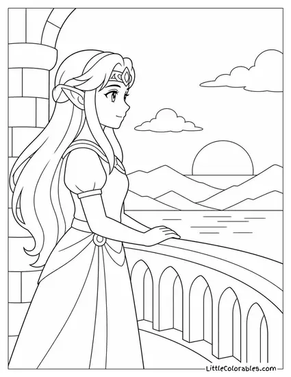 Princess Zelda Looking Out From a Castle Balcony at Sunset Coloring Page
