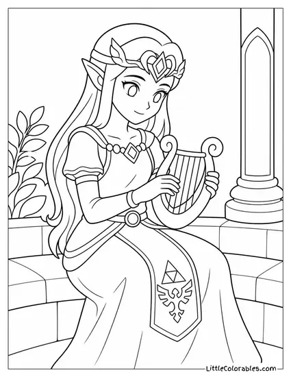 Princess Zelda Playing a Small Harp in a Quiet Courtyard Coloring Page