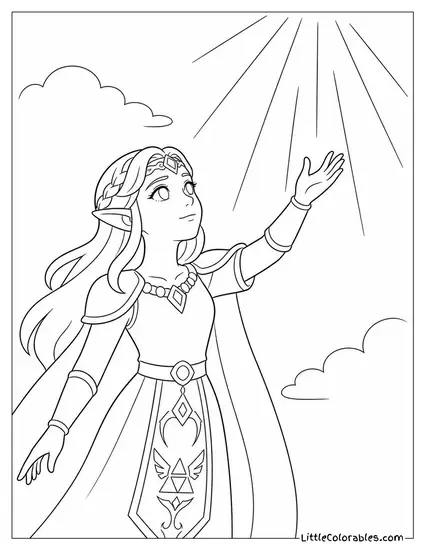 Princess Zelda Reaching Toward a Beam of Light From the Sky Coloring Page