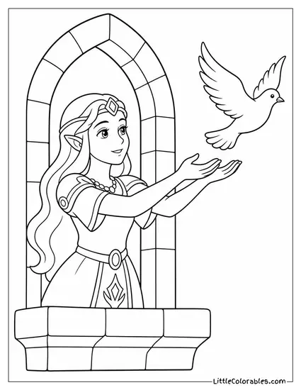 Princess Zelda Releasing a Dove From a Castle Window Coloring Page