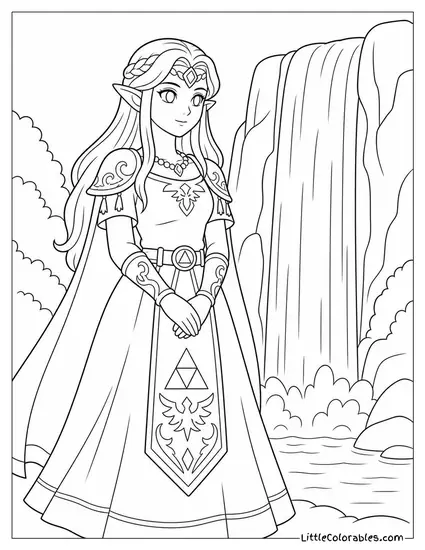 Princess Zelda Standing Before a Tall Waterfall in a Forest Coloring Page