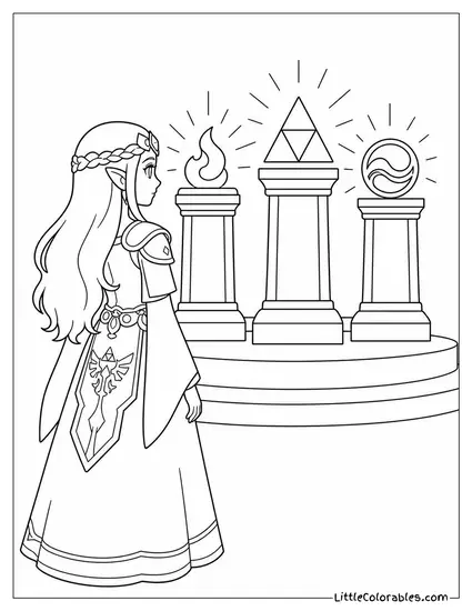 Princess Zelda Standing Before Three Glowing Pedestals Coloring Page