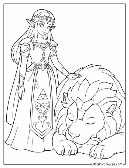 Princess Zelda Standing Beside a Sleeping Golden Beast Coloring Page