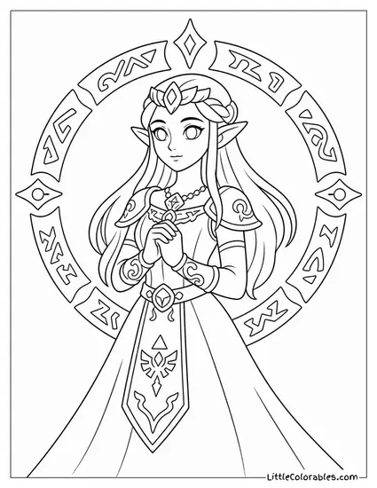 Princess Zelda Surrounded by a Circle of Ancient Glowing Runes Coloring Page
