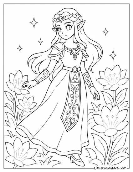 Princess Zelda Walking Through a Garden of Glowing Flowers Coloring Page