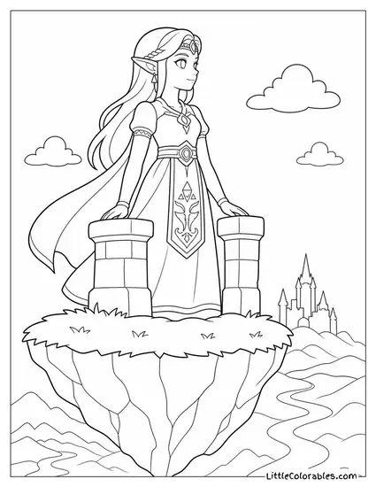 Princess Zelda Watching Over Hyrule From a Floating Island Coloring Page