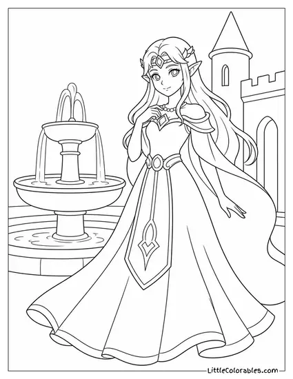 Princess Zelda Wearing a Flowing Gown Beside a Castle Fountain Coloring Page