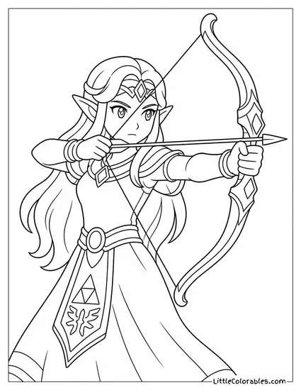 Princess Zelda Wielding a Bow and Arrow With Focused Eyes Coloring Page