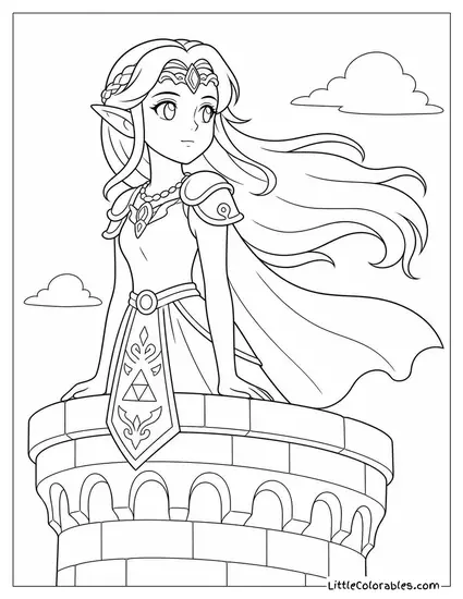 Princess Zelda With Her Hair Blowing in the Wind Atop a Tower Coloring Page