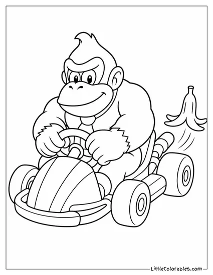 Racing in a Go Kart With a Banana Peel Trap Behind Him Coloring Page