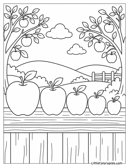 Row of Five Apples Lined Up by Size Coloring Page