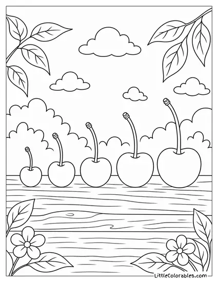 Row of Five Cherries Lined Up by Size Coloring Page