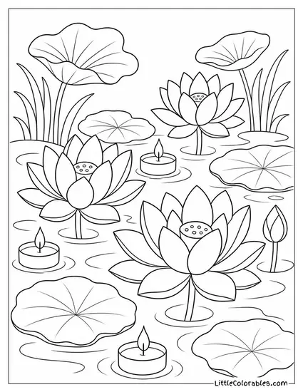 Sacred Lotus Pond with Candles Floating Between the Blooms Coloring Page