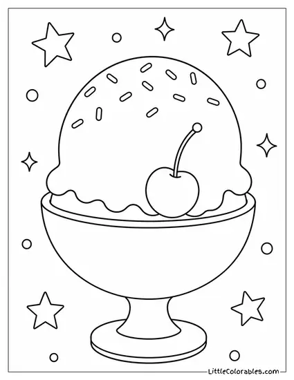 Scoop of Vanilla Ice Cream With a Cherry on Bottom Coloring Page