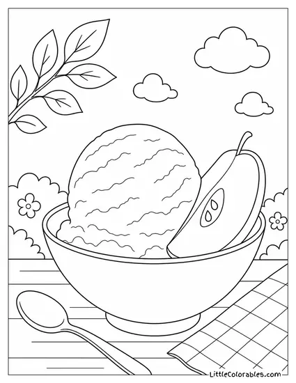 Scoop of Vanilla Ice Cream with an Apple Slice Coloring Page