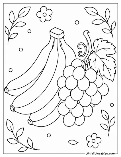 Simple Bunch of Bananas Next to a Bunch of Grapes Coloring Page