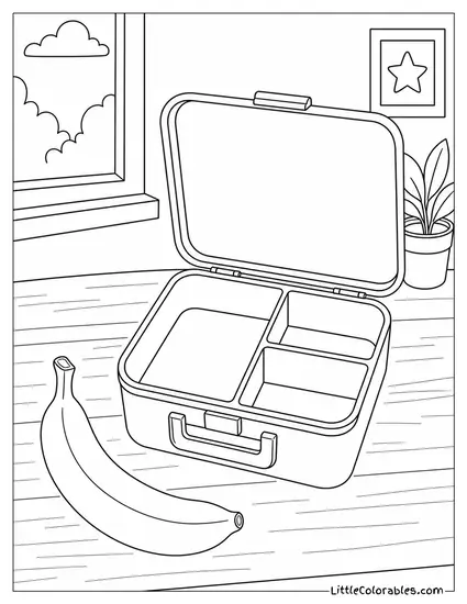 Single Banana Lying Next to an Open Lunchbox Coloring Page