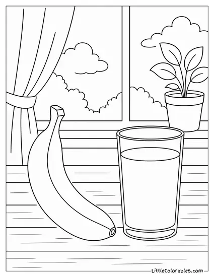 Single Banana Next to a Clean Glass of Milk Coloring Page