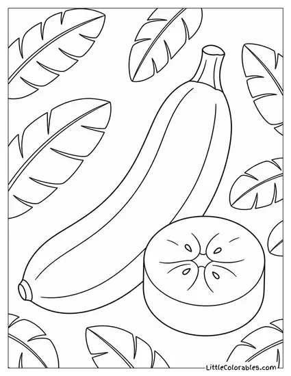Single Banana Next to a Single Clean Banana Slice Coloring Page