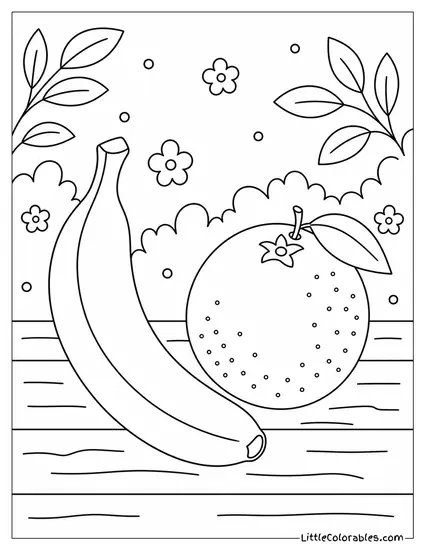 Single Banana Next to a Whole Orange Coloring Page